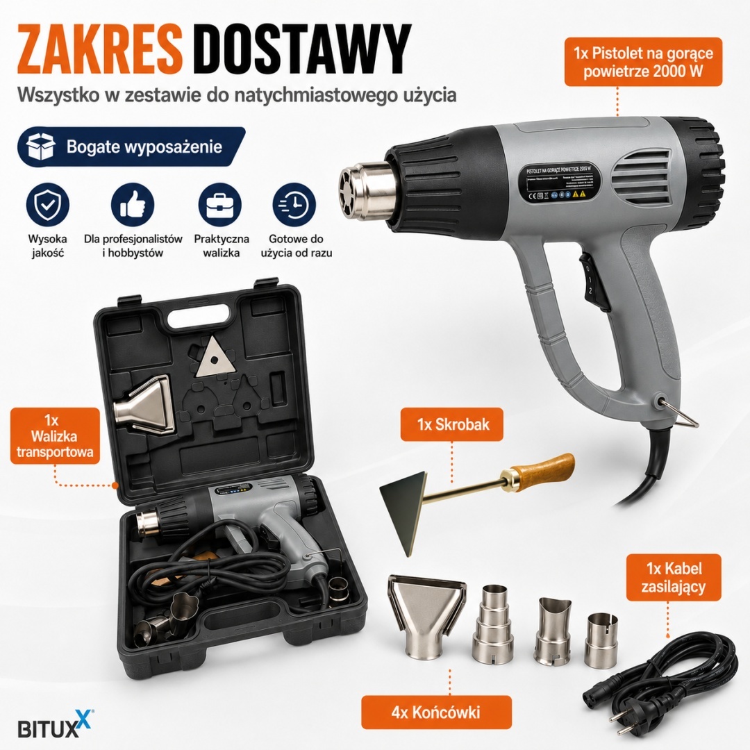Elektrická horkovzdušná pistole 2000W 4 trysky 2 rychlosti + příslušenství BITUXX 600°C M15819